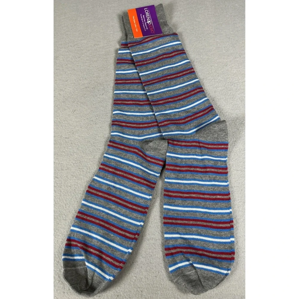 Lorenzo‎ Uomo Italian Cotton Dress Socks Gray Striped Crew Mens 10-13 NWT